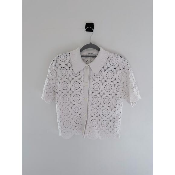 Abercrombie & Fitch Peter Pan Collar Short sleeve shirt white crochet-Size M - Picture 2 of 8